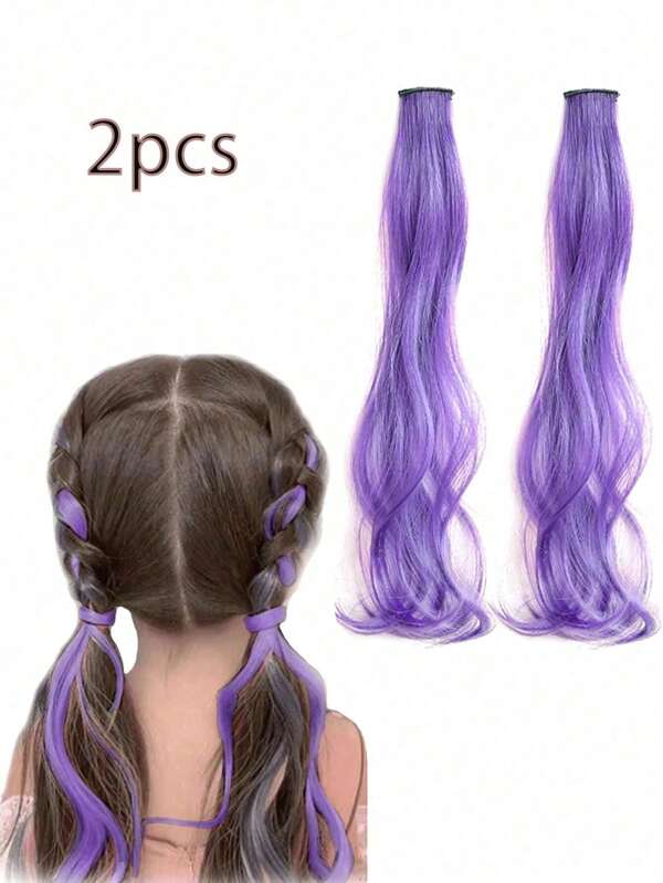 2 peças perucas roxas simuladas, cabelo longo cacheado infantil, orelhas coloridas, extensões de cabelo, extensões de cabelo com clipe integrado para meninas, acessórios para cabelo de princesa combinando para festa diária