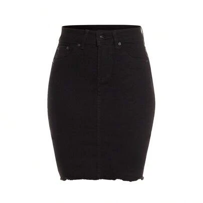 P J PINEDA JEANS Falda de Mezclilla Stretch para Mujer a la Rodilla Corte 3/4 Detalles de Desgastado