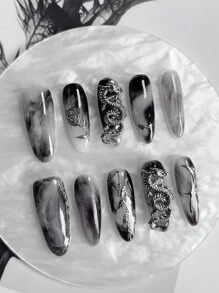10 Pcs Handmade Pressed On Nails Long , Ink Style Nails Paired With Dragon Patterned Totems And Rose Decorations. Elegant Retro Atmosphere, High-End Quality, Detachable And Reusable, Can Be Given As A Gift Nail Supplies Nails