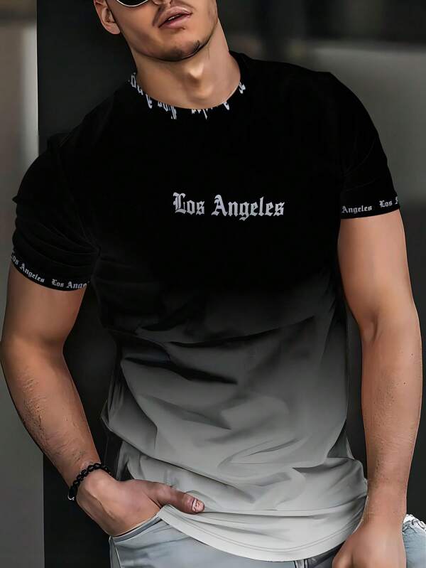 Fashion Design Men's Los Angeles Letter Gradient Print Round Neck Short Sleeve T-Shirt, Summer Short Sleeve