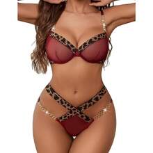 Local Delivery--Sexy Lingerie Set Mesh See Through Underwire Bra Panty Set Leopard Splice Push Up Lingerie With Chain - 酒紅色 - 查看 1