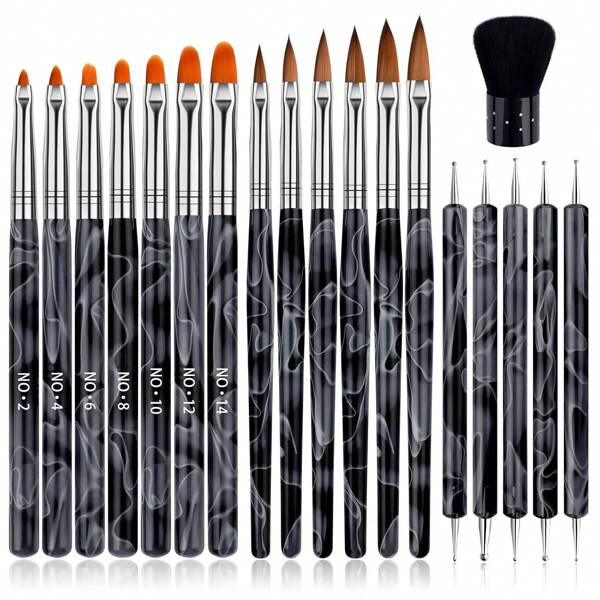 19pcs/Set Acrylic Nail Brush Kit, Nail Art Brushes, Includes 7pcs Gel Nail Polish Brushes, 6pcs Nail Art Design Brushes, 5pcs Dotting Tools, 1pc Nail Dust Brush
