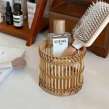 1 件圆柱形藤条和竹子镂空装饰收纳篮，手工编织，适用于家庭/厨房/办公室，适合存放餐具、餐具、茶具、文具、沐浴用品、化妆品 - 藤編和竹子款 - 查看 5