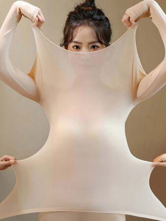 Women Seamless Black Pink Top Ultra-Thin Solid Thermal Underwear Warm & Comfy Long Sleeve Round Neck Traceless Undershirts Slim Fit High-Elasticity Women's Beige Base Layer Sheer Tops Casual Solid Color Lightweight Warm For Autumn And Winter Thin Fabric Basic Base Bottom Layer Shirt Fashionable For Everyday Wear