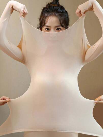 Top feminino sem costura preto rosa ultrafino, roupa íntima térmica sólida, quente e confortável, manga comprida, gola redonda, sem rastros, ajuste fino, alta elasticidade, camada de base bege feminina, tops transparentes, casual, cor sólida, leve, quente para outono e inverno, tecido fino, camada de base básica, camisa elegante para uso diário