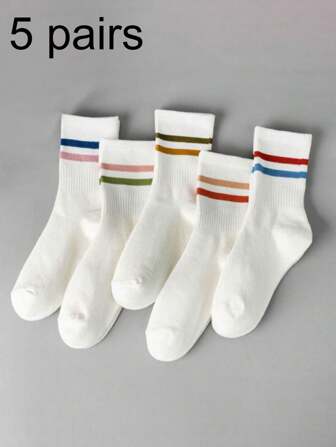 5 paar unisex kleurrijke gestreepte witte sokken tot aan de kuit, eenvoudige, comfortabele, zachte sokken geschikt voor dagelijks gebruik, passend bij de collegestijl, geschikt voor alle seizoenen