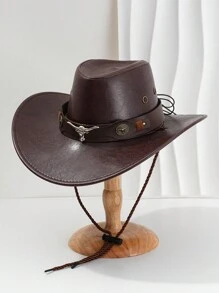 1pc Men's Multi-Color Bull Head Studded Leather Jazz Hat, Outdoor Sun Hat, Large Brim Western Cowboy Hat, Spring/Summer/Autumn