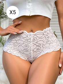 5 Pzs Bóxer Dama Encaje frontal Malla trasera colores sólidos mujer - Ropa interior Sexy - Lencería Cómoda - Blanco - Ver 1