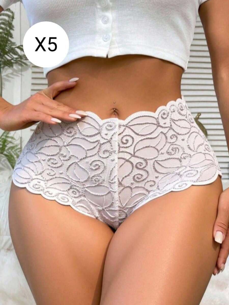 5 Pzs Bóxer Dama Encaje frontal Malla trasera colores sólidos mujer - Ropa interior Sexy - Lencería Cómoda - Blanco - Ver 1