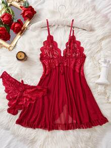 Conjunto de lencería de 2 piezas para mujer con camisola de encaje rojo de Navidad, contraste de malla transparente y volantes con dobladillo festoneado - Burdeos - Ver 8