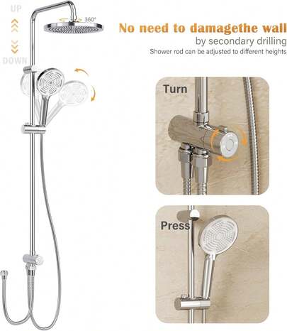 Soffione doccia senza rubinetto Cromo, sistema doccia con soffione doccia, set doccia in acciaio inox, colonna doccia, soffione doccia tondo 25 cm