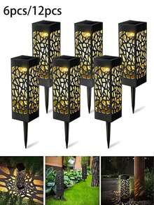 6/12-Solar Garden Light, Black Rectangular Warm-Colored Hollowed-Out Design, ABS Outdoor Garden Ground Installation Solar Light Theme Lawn Light, With Waterproof Automatic Sensor Light Source Switch, Garden Backyard Decoration, Outdoor Decoration, Front Door Decoration, Path Light, Outdoor Plug-In Hollowed-Out Light - Warm Light - View 2