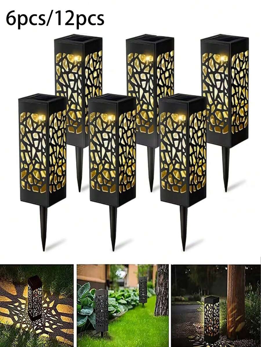 6/12-Solar Garden Light, Black Rectangular Warm-Colored Hollowed-Out Design, ABS Outdoor Garden Ground Installation Solar Light Theme Lawn Light, With Waterproof Automatic Sensor Light Source Switch, Garden Backyard Decoration, Outdoor Decoration, Front Door Decoration, Path Light, Outdoor Plug-In Hollowed-Out Light