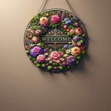 1 Stück, Blumen Willkommensschild, rundes Holzschild, Mitteldekoration mit Blumenkranz, Muttertagssegen, Sommerschild, Bauernhausdekoration für die Wand, Veranda Dekoration, perfektes Geschenk für Damen, aus künstlichem Holzmaterial.