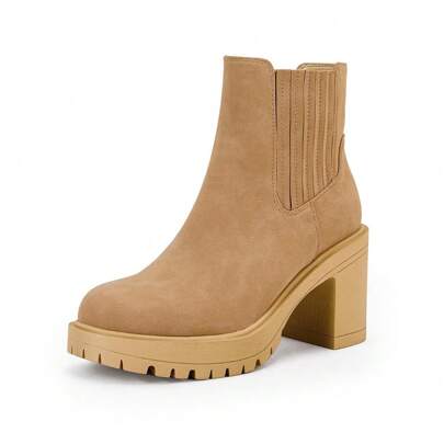 Local Shipping-Block Heel Seam Booties Combat Cozy Round Toe Chelsea Shoes-Womems Platform Lug Sole Ankle Boots Chunky
