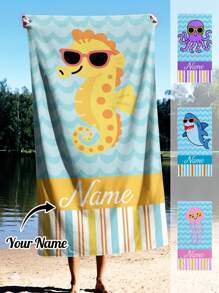 1 Stück personalisiertes Strand-Handtuch mit Meeres-Motiv, lustiges cartoon-artiges niedliches Meer-Thema (Seepferdchen/Hai/Oktopus/Qualle), helles und fröhliches Design, großzügige Größe für Komfort, ideal für Strandtage, Pool-Partys, einzigartiges Geschenk um deinen Sommer zu personalisieren