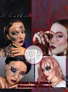 1 Peça Decoração de Rosto de Halloween Adesivo de Teia de Aranha Gótica para Festa, Maquiagem e Cosplay, Gemas de Rosto com Glitter Preto e Roxo
