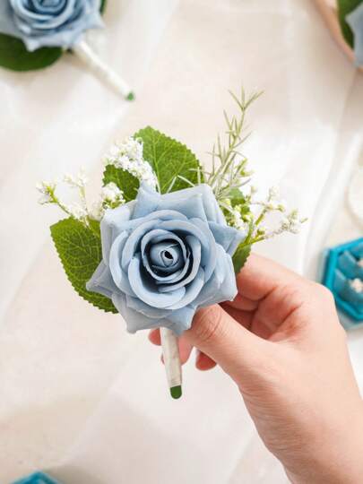 1pc Dusty Blue Elegant Flower & Faux Pearl Decor Boutonniere For Men Wedding Buttonholes Pocket Boutonniere For Groom Groomsmen Prom