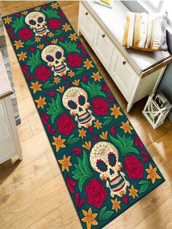 1PC Halloween Kitchen Floor Mat, Skull Crystal Velvet Floor Mat, Dirt Resistant, Absorbent, Non Slip Mat, Pumpkin Carpet, Suitable For Bedroom And Living Room Use