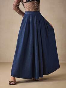 Selenza 女式低腰加长牛仔裙 - 藍色 - 查看 5