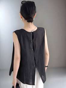 加大码夏季休闲纯色无袖后背纽扣衬衫 黑色 - 黑色 - 查看 2