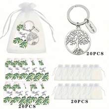 60 件生命树钥匙扣礼品套装，包括 20 张绿叶感谢卡、20 个白色欧根纱袋和 20 个空心金属钥匙扣，非常适合毕业典礼、感恩节、教师节、派对、团队奖励、鼓励、周年纪念赠品 - 彩色 - 查看 3