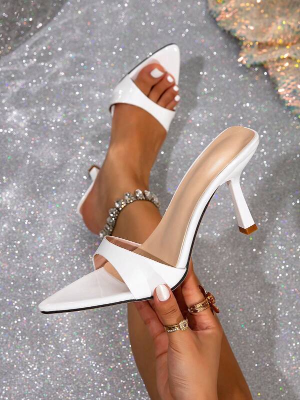 Sandalias blancas de tacón fino y de punta con tacón alto y puntera descubierta, de moda y sexy, para mujer