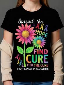 Camiseta negra de mujer 180g de algodón cuello redondo manga corta con estampado Spread the Hope Find Cure contra el cáncer en todos los colores estilo casual trendy ideal para apoyar la lucha contra el cáncer en 2023 - Negro - Ver 1