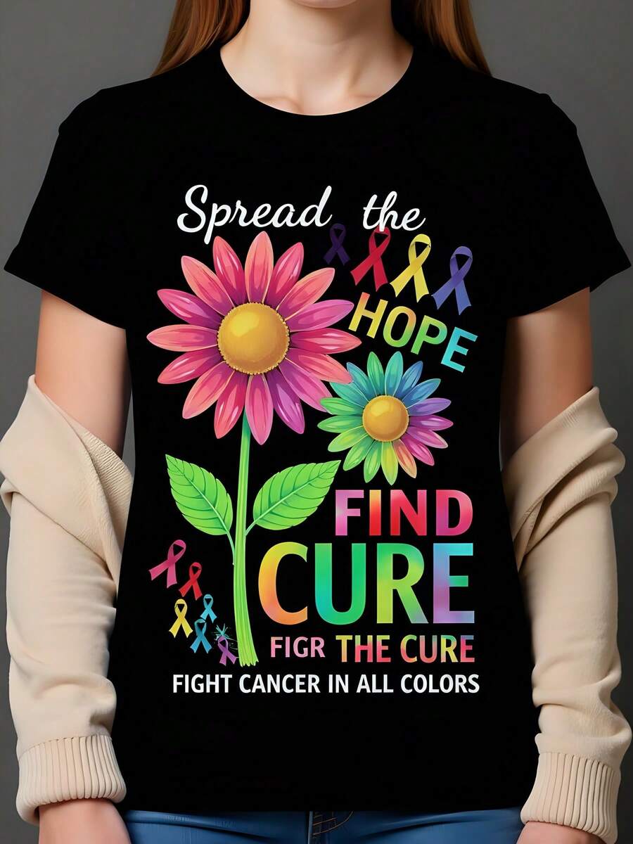 Camiseta negra de mujer 180g de algodón cuello redondo manga corta con estampado Spread the Hope Find Cure contra el cáncer en todos los colores estilo casual trendy ideal para apoyar la lucha contra el cáncer en 2023 - Negro - Ver 1