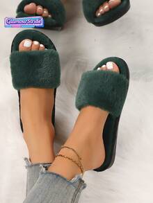 (Beställ en storlek större) Gröna tofflor med öppen tå, platta plyschtofflor, damtofflor, jultofflor, halloween - Grön - Visa 3