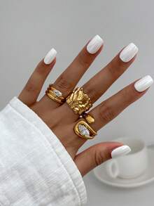 3pcs Vintage Asymmetrical Metal Gold Abstract Rings, Baroque Faux Pearl Decor Rings, Stackable Thick Jewelry Set, Suitable For Women's Daily And Diverse Party Decoration, Fashion Outfit Matching, Holiday Gifts - 3 Piece Ring Set - View 15