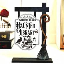 1 pièce Décoration gothique bibliothèque fantôme d'Halloween - Panneau en bois de style gothique avec conception de corbeau et chapeau de sorcière - Affichage de bureau en faux bois, cadeau pour lecteur