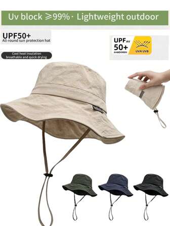 1pc Women's Lightweight Foldable Wide Brim Bucket Hat With Drawstring, Waterproof Foldable Bucket Hat Suitable For Outdoor Sports, Hiking, Fishing, Beach, Unisex (Drawstring Color Sent Randomly)
