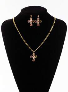 Ensemble de 3 pièces: Collier et boucles d'oreilles en cuivre avec croix en zircone et fausses perles, style de luxe élégant. Convient pour les banquets, les fêtes, le port quotidien. Cadeau de bijoux pour la famille, les amis, l'épouse, la petite amie