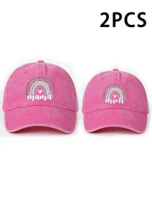 Șapcă de baseball lavabilă cu imprimeu de inimă MAMA+MINI, 2 buc., pălărie casual reglabilă cu protecție solară pentru exterior, potrivită pentru băieți și fete, călătorii de primăvară/toamnă, vacanță