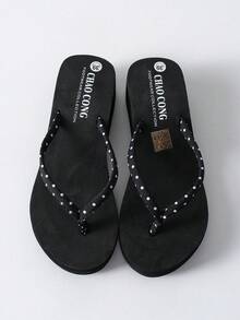 Tropiscape Women Fashionable Black And White Polka Dot Summer Shoes Casual Beach Thong Sandals With Thin Straps, Wedge Heels And Thick Platform Soles Beach Autumn Winter Gifts - Black and White - View 6