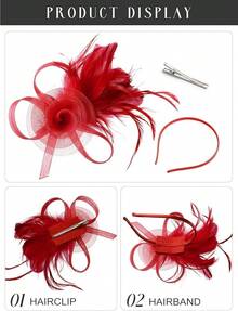 Fascinators Hats Women,Tea Party Fascinator Hair Clip With Feathers Wedding,Derby Hats Headbands - 紅色 - 查看 4