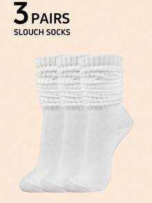 3 双女士白色休闲袜，圆头袜，舒适，厚实，靴袜，针织，秋冬，母亲节