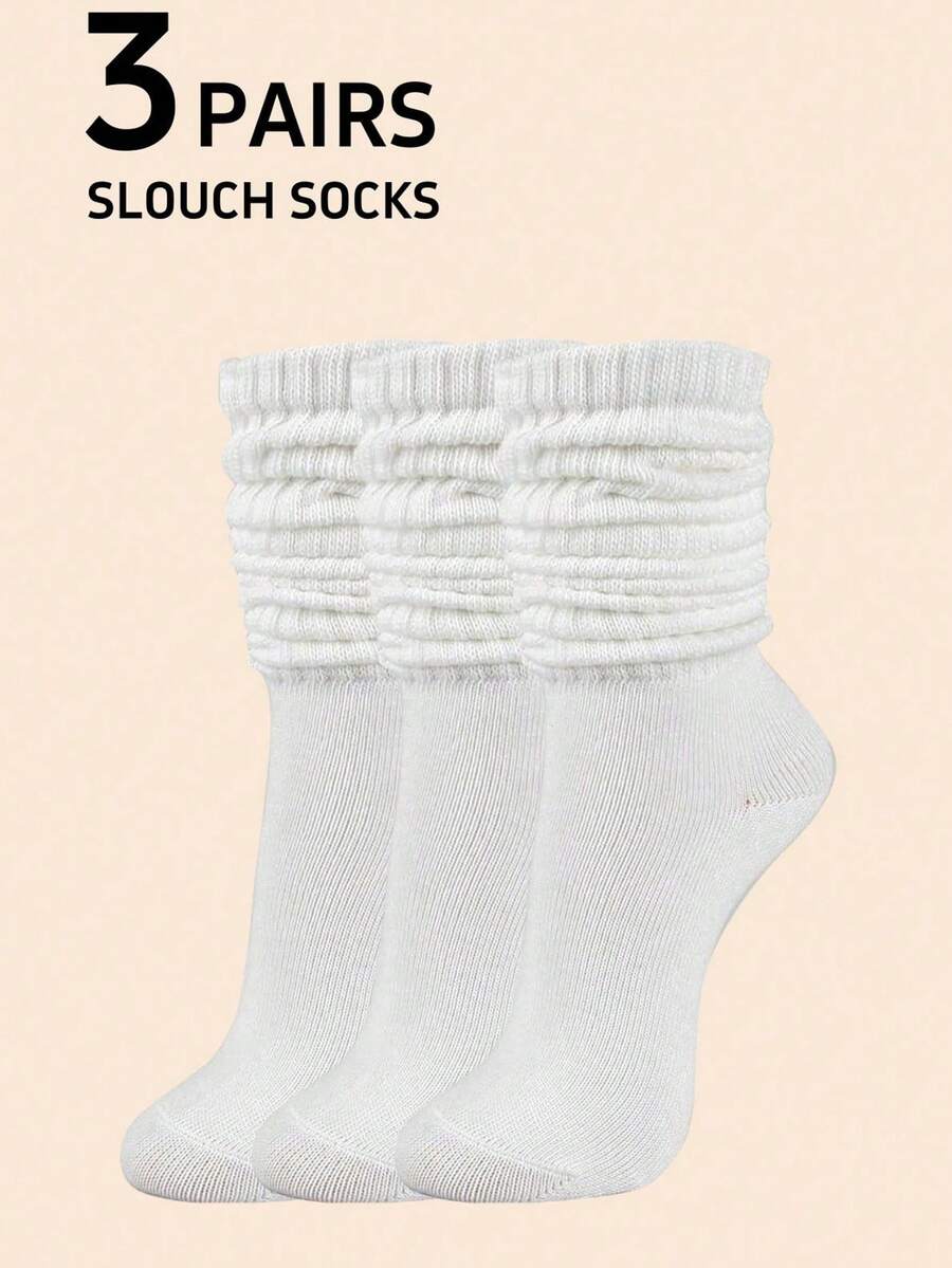 3 双女士白色休闲袜，圆头袜，舒适，厚实，靴袜，针织，秋冬，母亲节