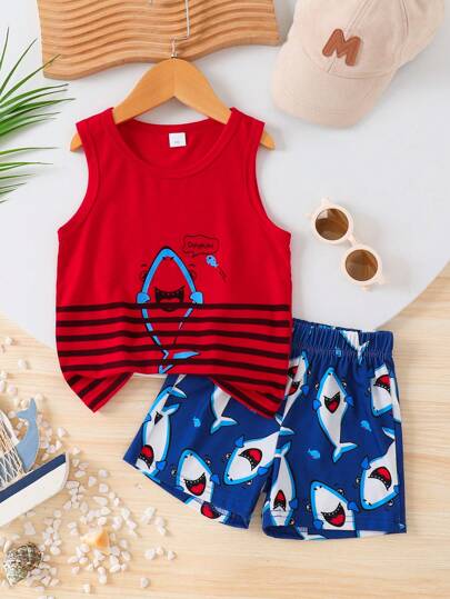 Set de 2 piezas de verano con estampado digital de tiburón en top sin mangas para niños, chaleco informal para vacaciones, fresco y cómodo