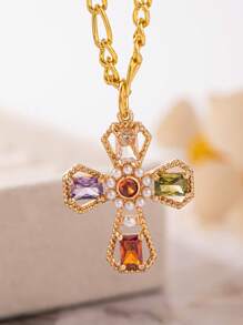 Ensemble de 3 pièces: Collier et boucles d'oreilles en cuivre avec croix en zircone et fausses perles, style de luxe élégant. Convient pour les banquets, les fêtes, le port quotidien. Cadeau de bijoux pour la famille, les amis, l'épouse, la petite amie