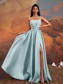 VIPGIRL Eisblau Abendkleid im A-Linie Stil mit asymmetrischem Kragen und 3D Blumen, elegantes geteiltes Tüllkleid für den Abschlussball, Brautjungfernkleid, Abendgarderobe, Abschlussballkleid, Hochzeitsgastkleid, bodenlang, Partykleid, Frühjahr Sommer Kleid