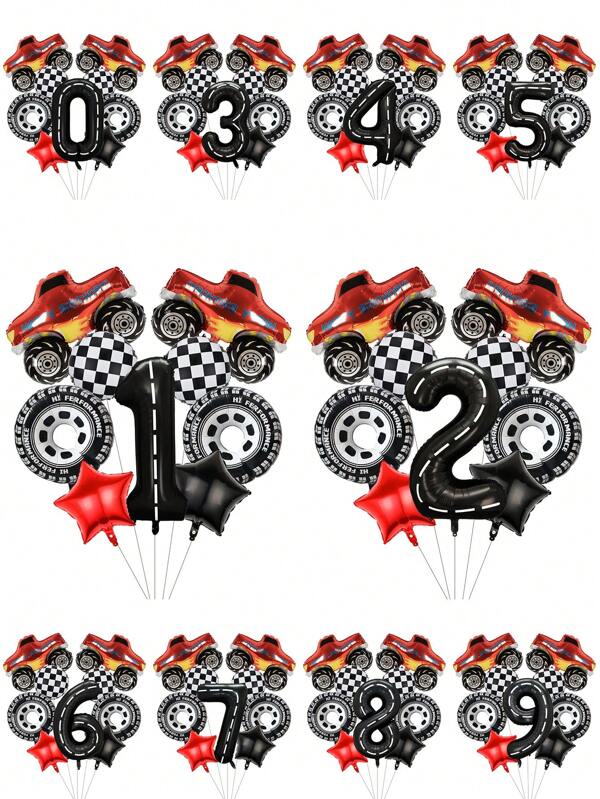 10 Pezzi set di palloncini multicolore a tema corse per feste di compleanno, inclusi palloncini a forma di camion da corsa rosso, pneumatico, a scacchi bianco e nero, stella nera e rossa, numeri 1-9 da 40 pollici, adatti per feste di compleanno coraggiose, raduni familiari, decorazioni per la casa, cerimonie di crescita coraggiose