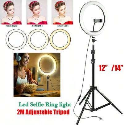 2m Stand With 12/14-Inch Ring Light For Beauty Makeup LED Light With Flexible Tripod Stand & Phone Holder, Compatible With IPhone Android Phone Mobile Phone For Photo Selfie Video Recording Zoom Meeting, Interviews, Live Streaming, Vlog, Family Gatherings, Christmas Party Shooting, For Handheld Selfie, Outdoor Activities Suitable For Photography, Video Recording, Live Streaming, Zoom Meeting, With Stand Selfie Light