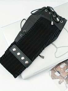 1pc Dark Color Stretchy Waist Cincher With Lace Net Tied Sexy Bustier For Party - Black - View 3