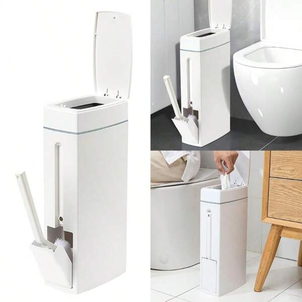 Lixeira de Banheiro Ultrafina com Tampa Pop-Up e Suporte para Escova de Vaso, Lixeira Retangular Tipo Pressão para Banheiro e Cozinha