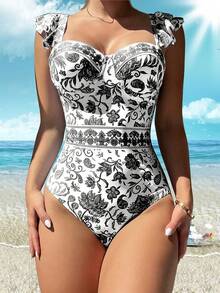 Blue And White Porcelain Printed Elegant Comfy Fashion Design One Piece Swimsuit,Classic And Elegant Swimsuit,Women's Swimwear And Clothing,Vintage Printed Swimsuit For Women,Summer Beach - 灰色 - 查看 2