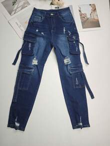 Spring And Summer Clothes Elegant Women Stretch Cargo Jeans Multiple Pockets Y2K Style Fashion Tailored Must Have Daily Wear - Blue - View 5