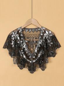 1 peça Poncho formal brilhante feminino com lantejoulas enfeitadas, formato de gota d'água, detalhes de franjas com borlas e contas, acessórios para mulheres, dia dos namorados