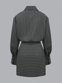 女士优雅翻领喇叭袖修身铅笔裙套装，条纹春季装 - 灰色 - 查看 3